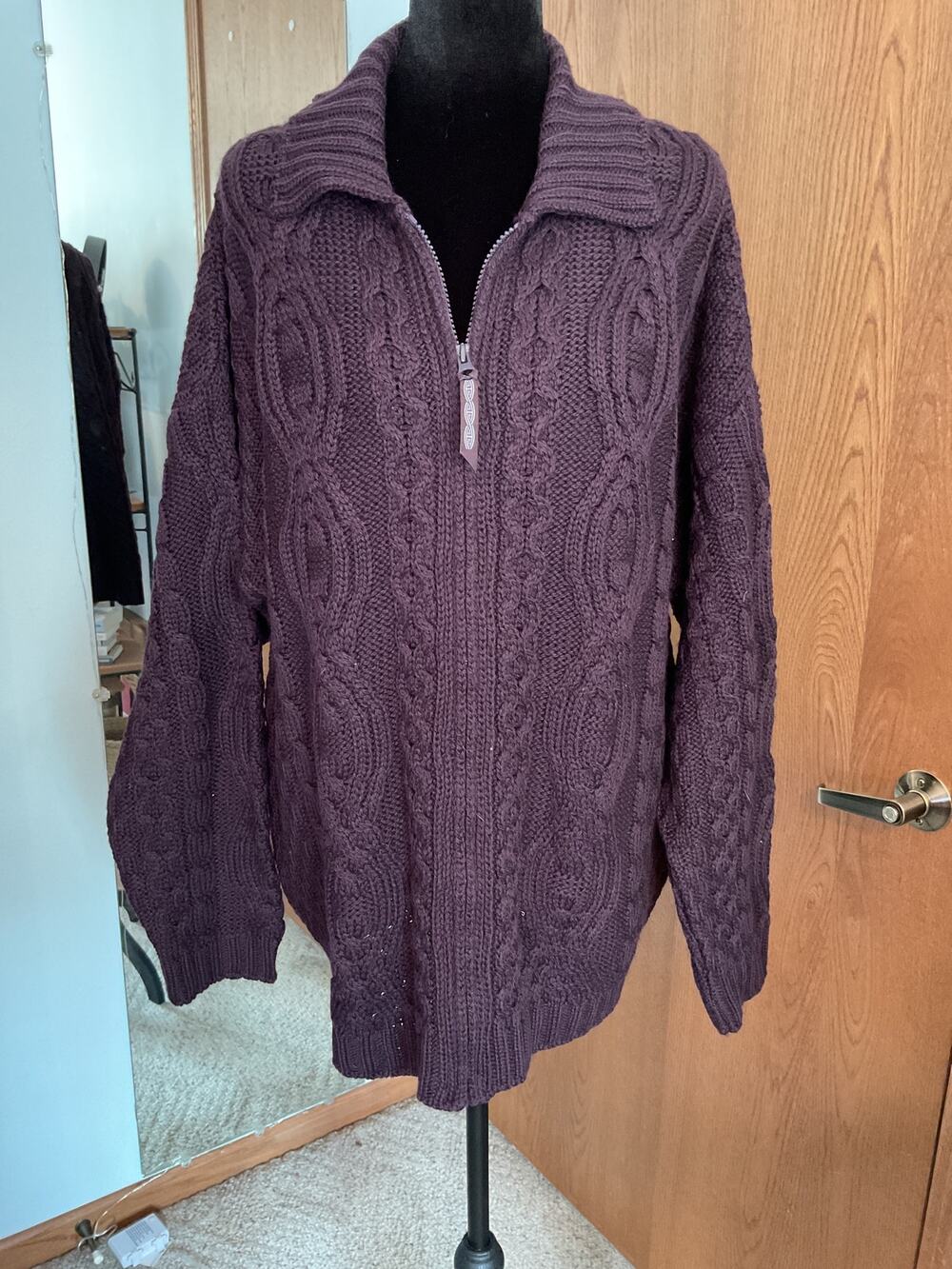 Aran Crafts Ireland 100% Merino Wool Cable Knit Full Zip Sweater Purple XL